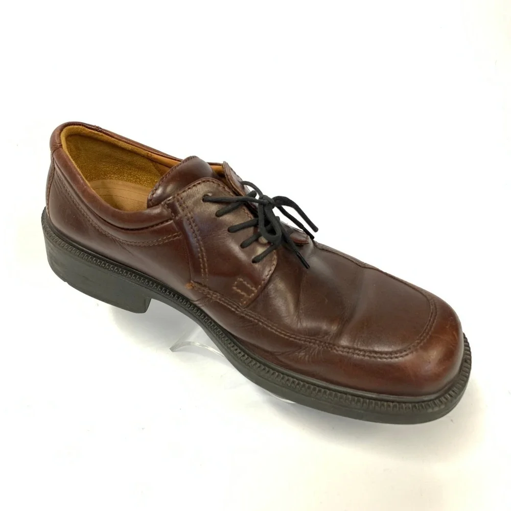 ECCO Mens Brown Leather Square Toe Lace Up Derby Shoes Shock Point‎ Size 44